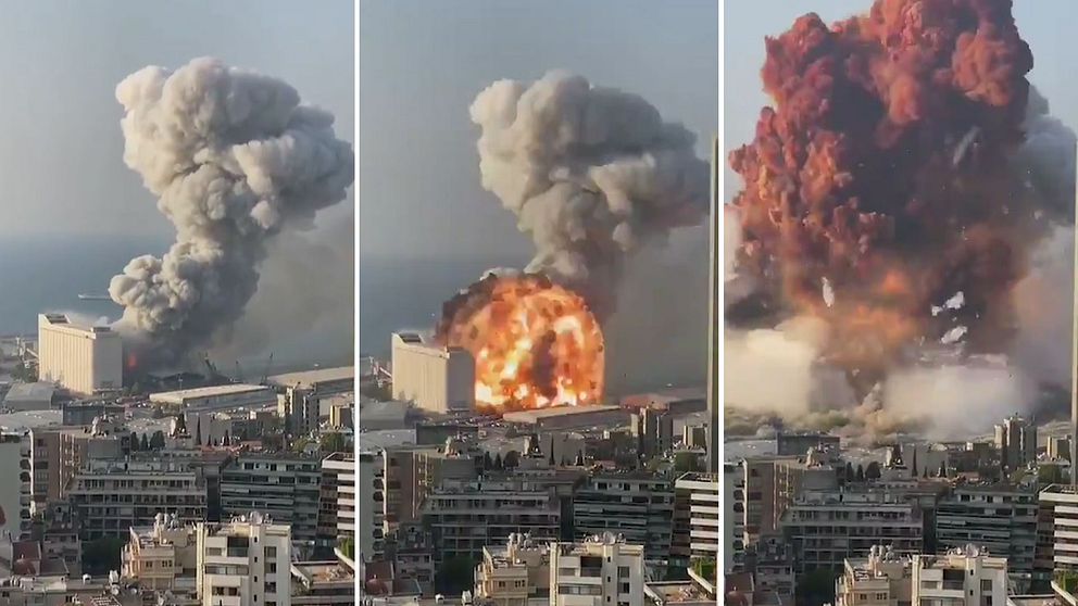 Se bilderna från Beiruts hamnområde när jätteexplosionen inträffar