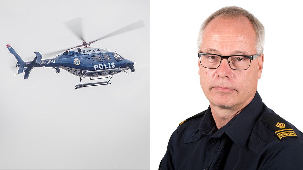 Arkvibild på polishelikopter delad med bild på polisens presstalesperson Robert Loeffel