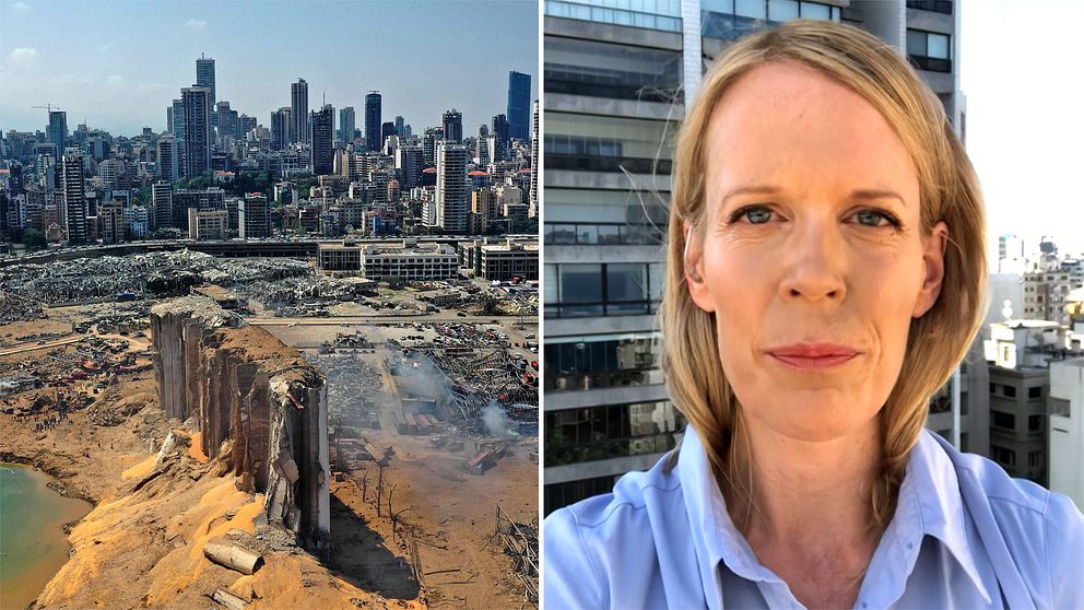 Bild på hamnområdet i Beirut efter explosionen samt bild på SVT:s Mellanösternkorrespondent Stina Blomgren.