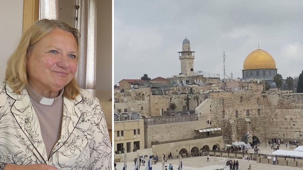 Två bilder. Birgitta Halvarsson till vänster och en bild på Jerusalem med bland annat Tempelberget.