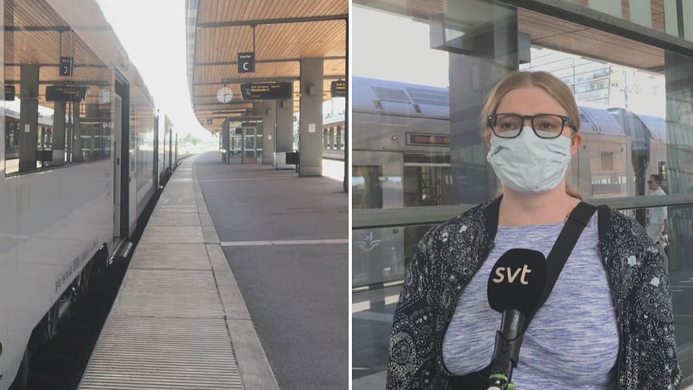 Ett SJ-tåg till vänster i bild och till höger är Sofia Lindström, en Uppsalapendlare som bär munskydd.