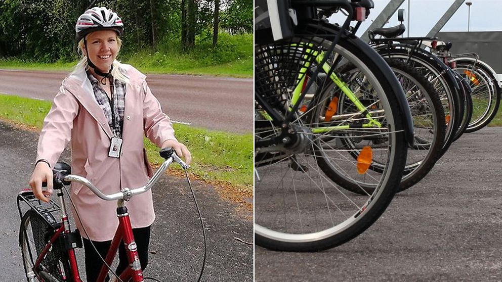 Samhällsplanerare Julia Cederstrand med sin cykel till vänster och cyklar i Tierps kommun till höger.