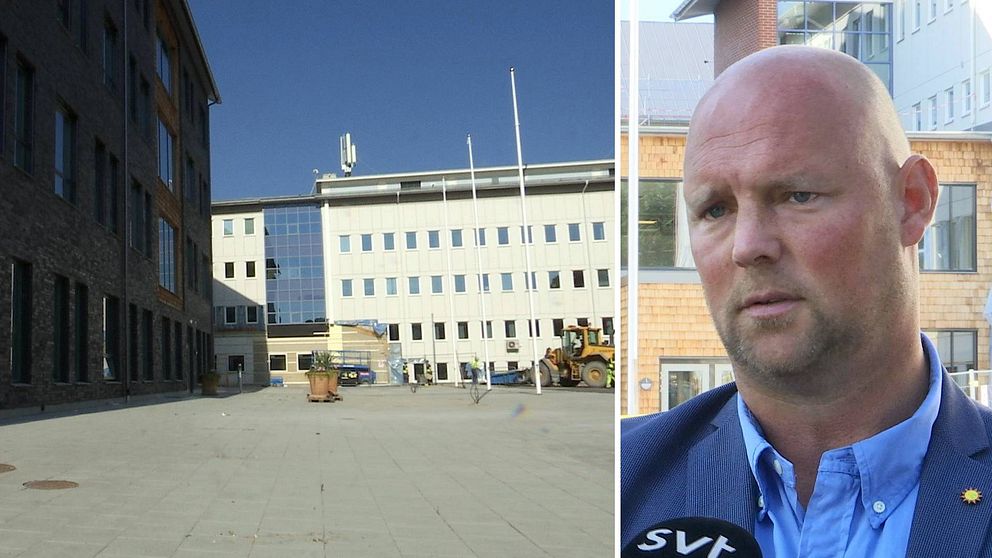 Två bilder. Till vänster exteriör på Sundstagymnasiet, till höger Daniel Skålerud.