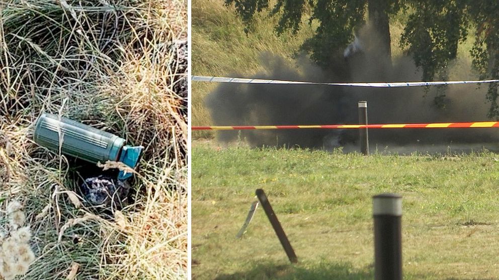 Två bilder. Till vänster en grön chockgranat. Till höger explosionen i samband med att granaten sprängdes.
