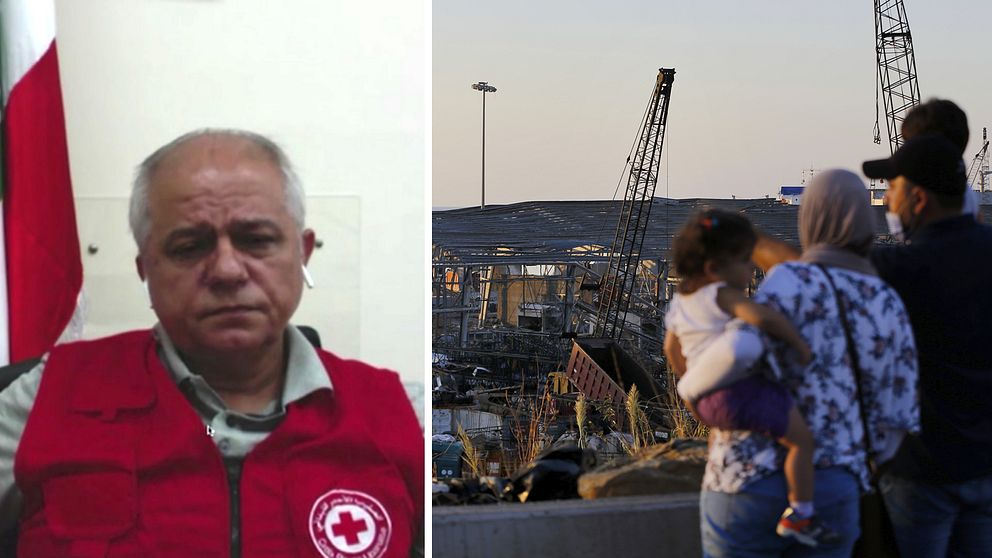 Georges Kettaneh generalsekreterare för Röda Korset i Libanon. Till höger står en familj och tittar ut över förödelsen i Beirut.