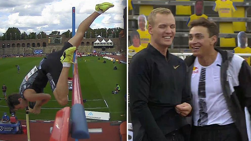 Här garvar Duplantis och Kendricks åt norrmannens märkliga hopp.