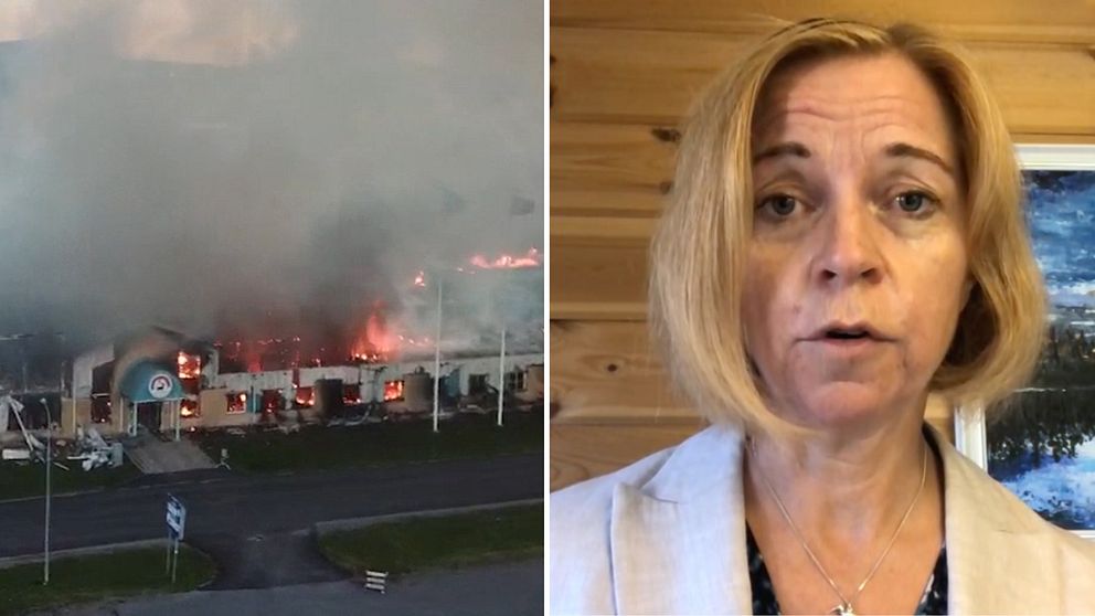 drönarbild på branden, samt närbild på Karin Bodin – en medelålders kvinna