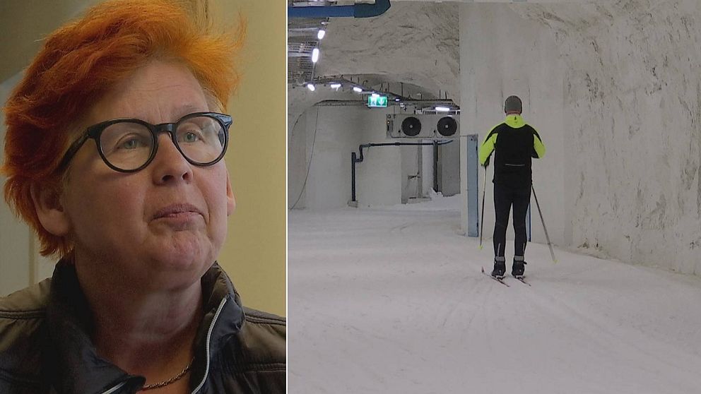 Dubbelbild. Till vänster rödhårig kvinna med svartbågade glasögon. Till höger ensam skidåkare åker bortåt i en skidtunnel.