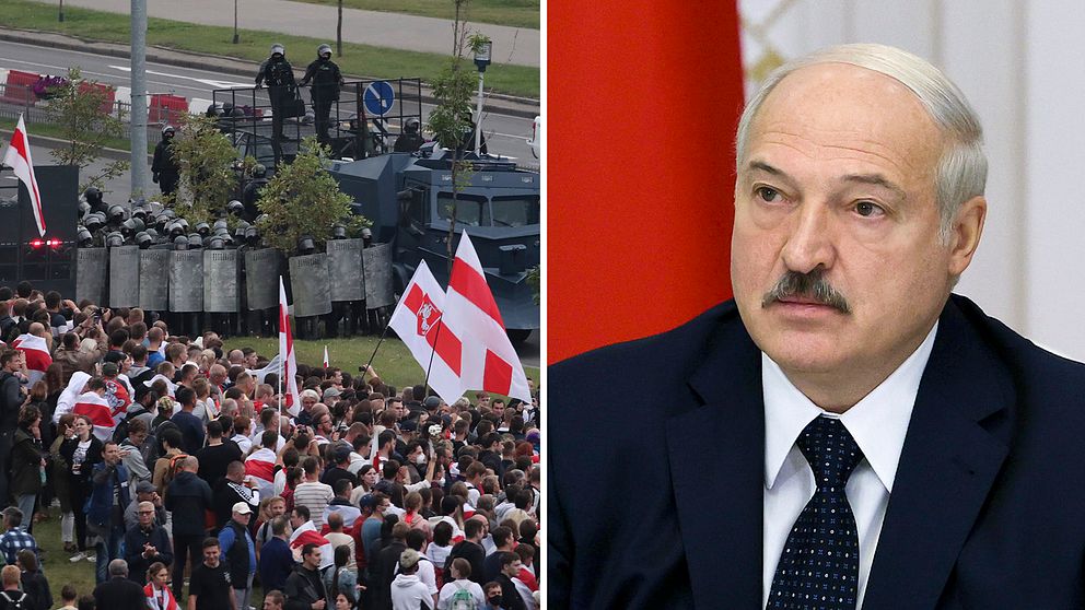 EU har beslutat om att införa restriktioner mot Belarus efter det ifrågasatta presidentvalet. Nu hotar president Alexander Lukasjenko att svara med sanktioner mot omvärlden. Bilden visar demonstranter och Alexander Lukasjenko.