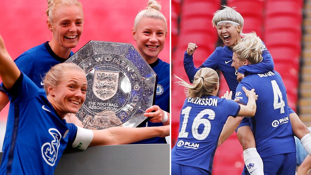 Magdalena Eriksson firar tillsammans med lagkamrater i Chelsea.