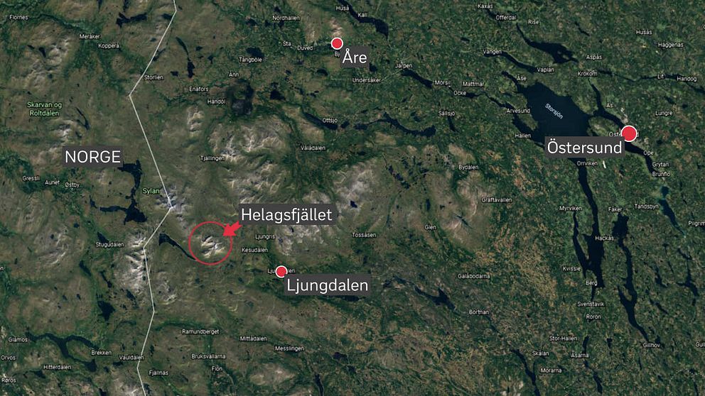 satelittbild över del av Jämtlands län, med Helagsfjället mm utmärkt