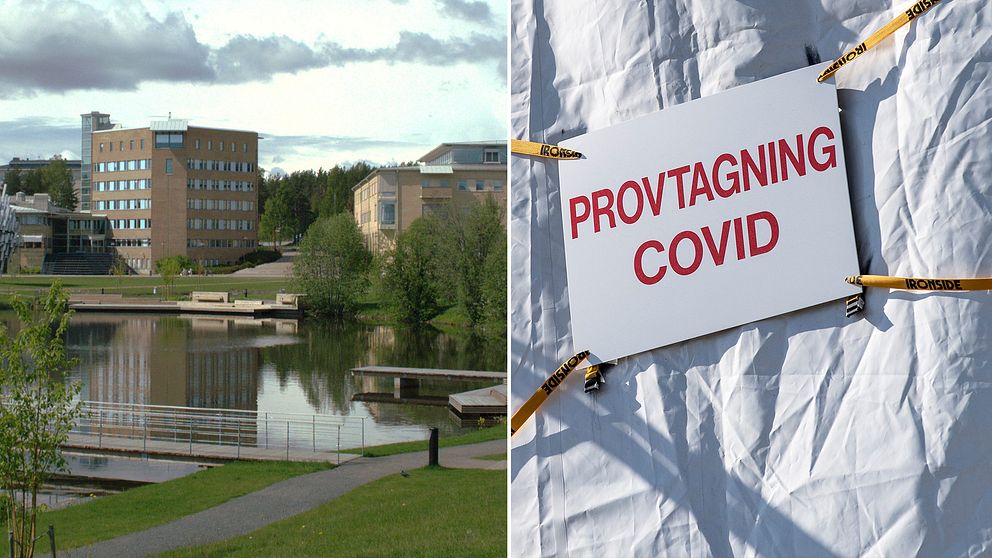 vybild över damm och byggnader på campus i Umeå, samt närbild på skylt för ”provtagning covid”