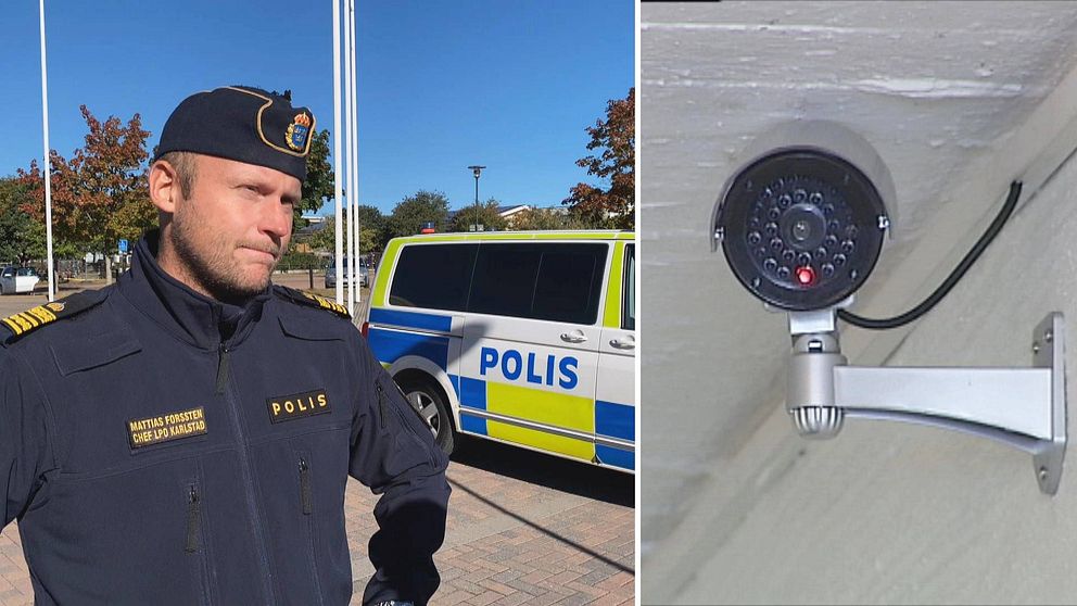 Mattias Forssten i polisuniform framför en polisbuss samt en närbild på en övervakningskamera.