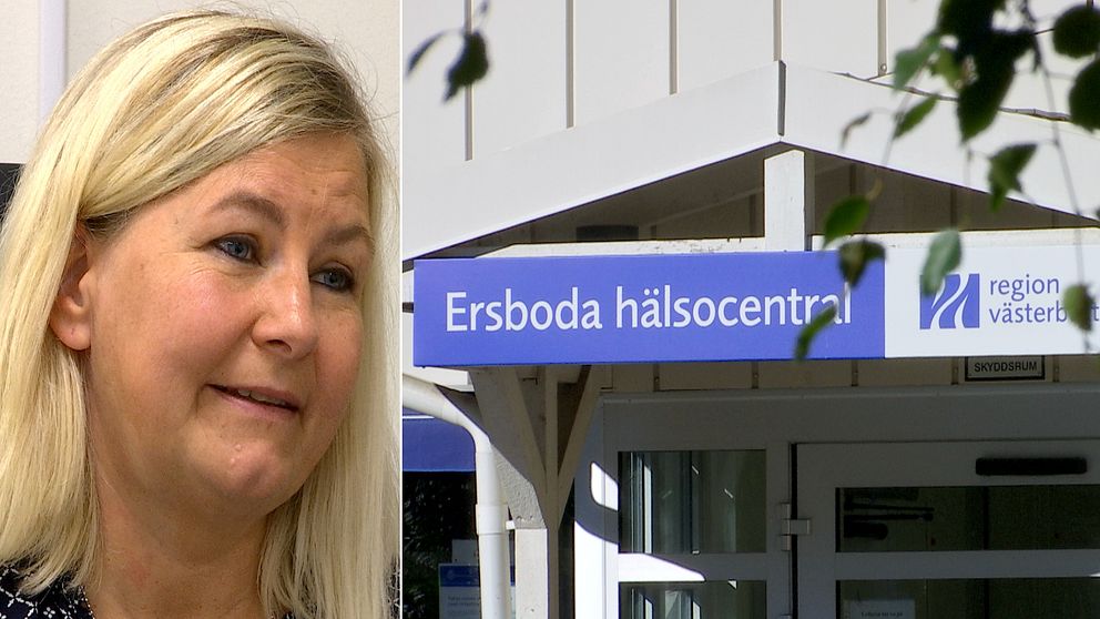 Carola Degerman, verksamhetschef. Entrén till Ersboda hälsocentral i Umeå. Bredvid är en skylt med region västerbottens logga. I förgrunden oskarpa löv.