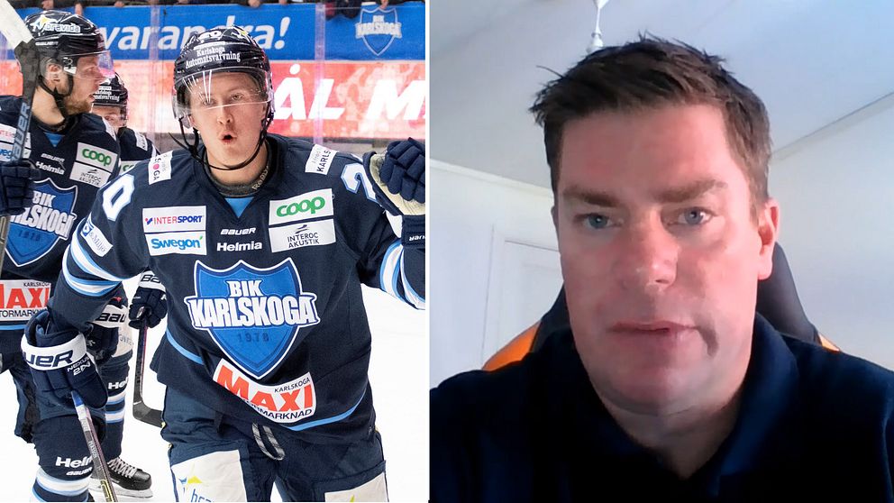 Hockespelare på is och klubbchef framför datamaskin.