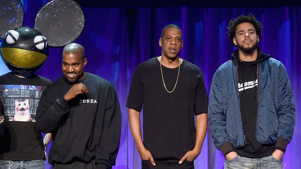 Deadmau5, Kanye West, Jay-Z och J Cole på presskonferensen för Tidal.