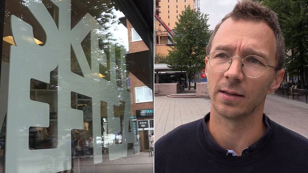två bilder: en Skellefteå-skylt samt näringslivssamordnaren Joel Hedlund utomhus i stan
