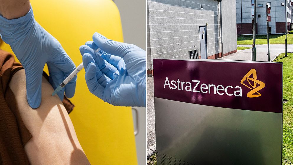 Astra Zeneca pausar testerna av vaccinet mot covid-19 som företaget utvecklar, då en testperson blivit sjuk. Bilden visar en person som testar vaccin, samt Astra Zenecas logga.