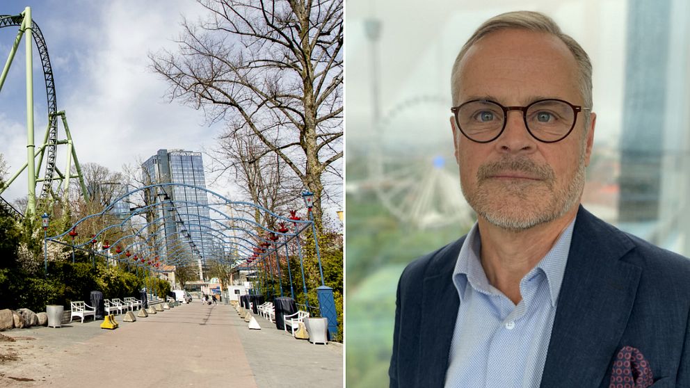 Tom nöjespark med Gothia Towers i bakgrunden. Man i mörkblå kostym och glasögon.