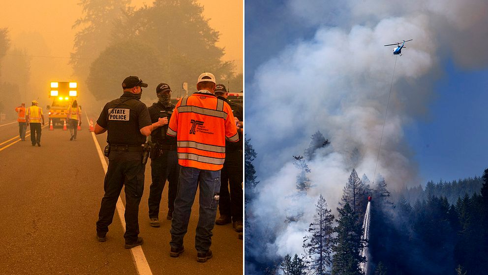 Hundratals hem har förstörts och flera personer befaras ha dött i bränder i Oregon i USA. Bilden visar en vägblockering i Oregon, samt en helikopter ovanför en skogsbrand i delstaten.