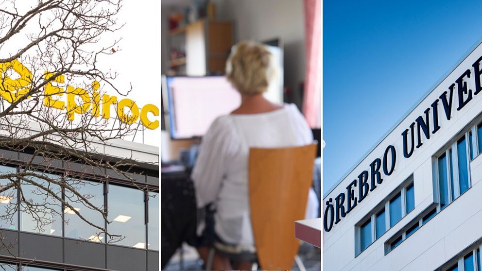 Montage av tre bilder. Till vänster en bild utanför Epiroc, i mitten en bild på en person som jobbar hemifrån och till höger en bild på Örebro universitet.