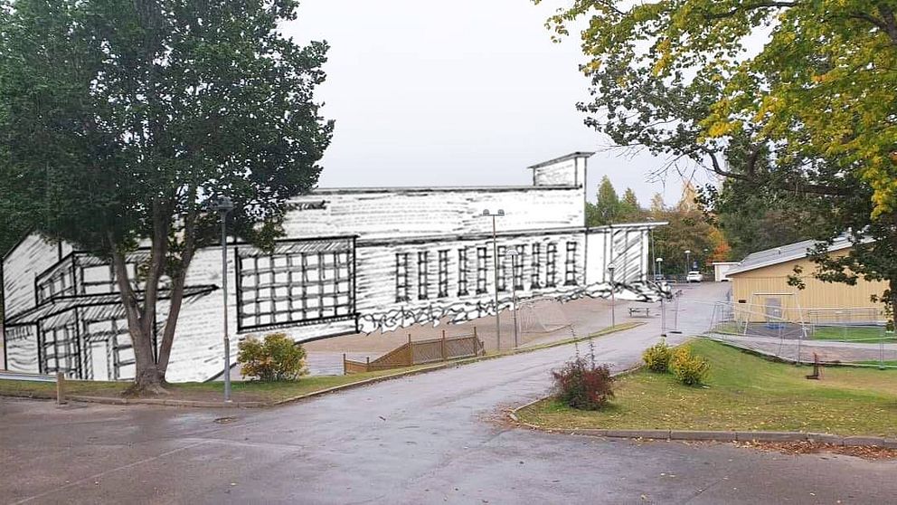 Montagebild av en ritning på ny skola bredvid den befintliga skolan.