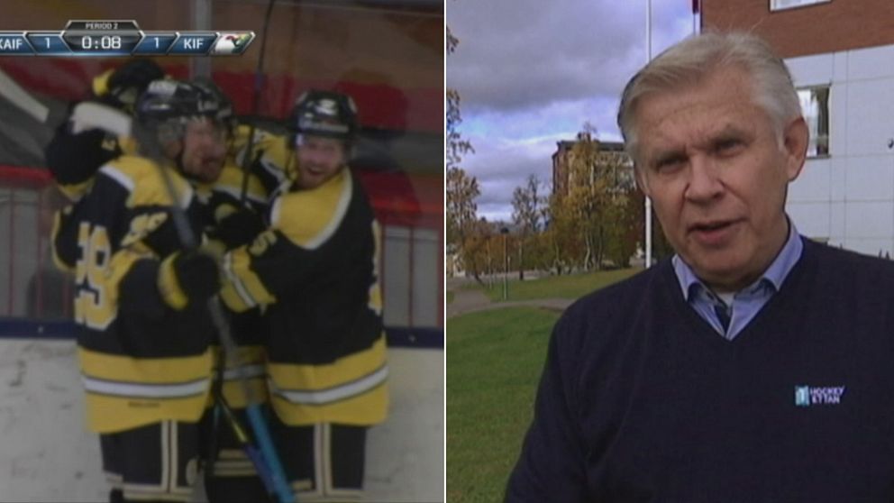 Till vänster i bild ser man Kiruna AIF fira efter ett mål. Till höger i bild ser man Hockeyettans ordförande Ronnie Glysing.
