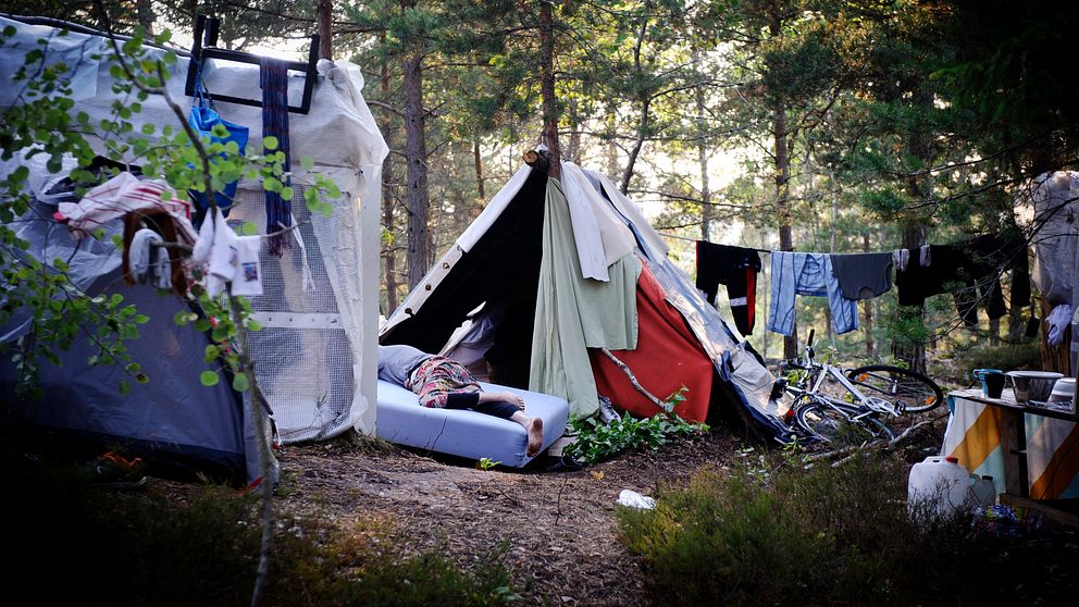 Lägret i Högdalen i Stockholm där EU-migranter från Rumänien bor i tält och kojor i skogen.