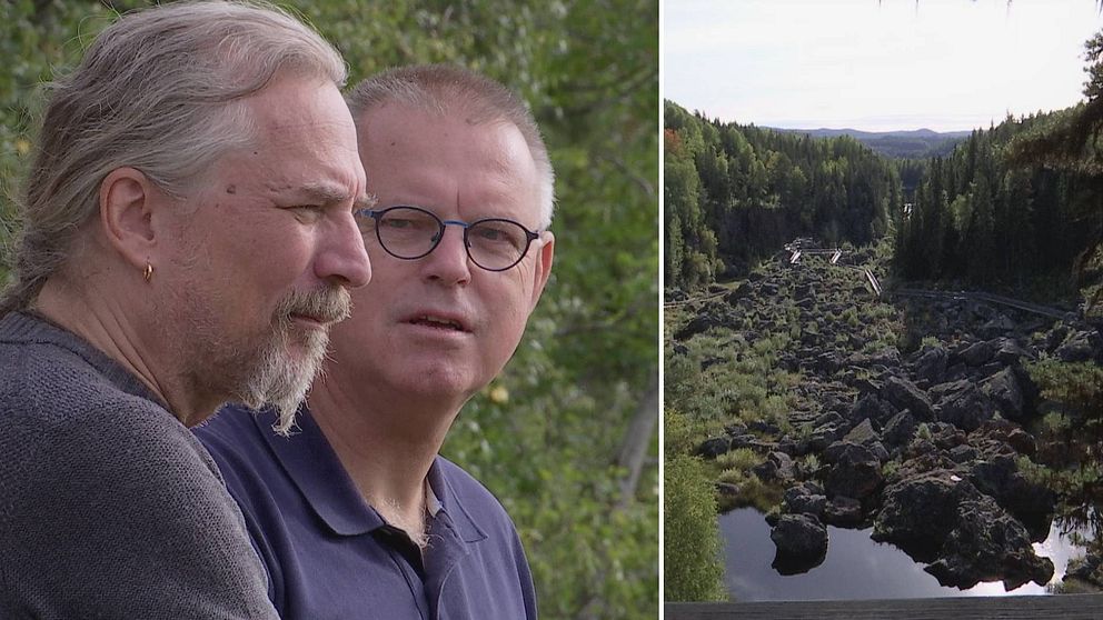 Dubbelbild. Till vänster två män står och pratar med varandra. I bakgrunden grönska. Den ena mannen står profil och tittar åt höger, han har långt grått hår i hästsvans och ring i örat. Den andra mannen står lite till höger, har glasögon och kort grått hår. Han tittar på den första mannen. Till höger en vybild över Döda Fallet, en torrlagd älvfåra.