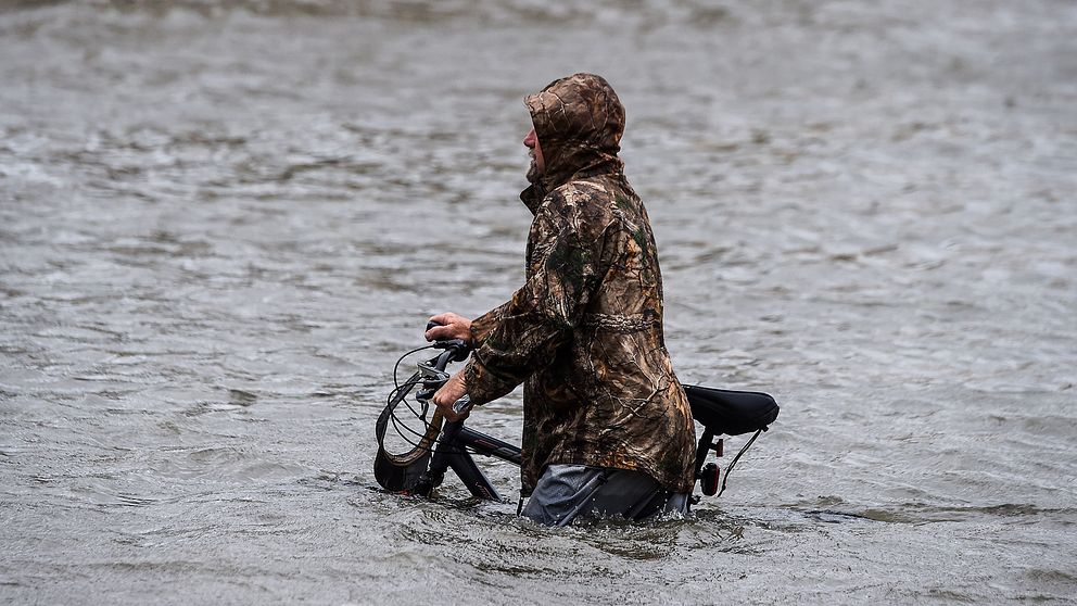 En man går med sin cykel i vattnet på en översvämmad gata i Pensacola i Florida.