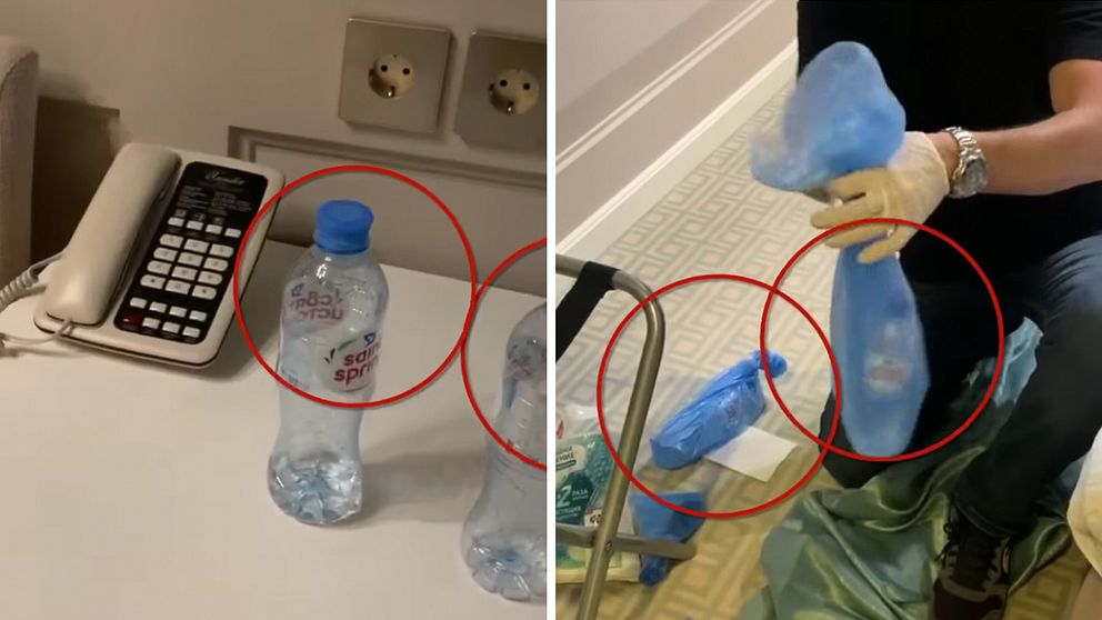 Navalnyjs team har lagt upp en video på hans Instagram där de samlar föremål på hotellrummet.