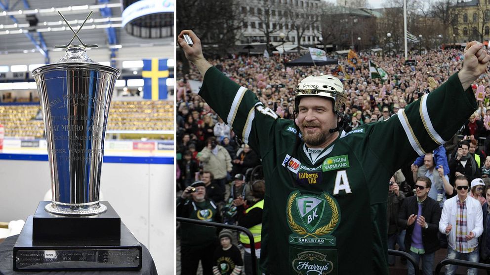 Till vänster pokalen Le Mat som delas ut till laget som vinner SM-guld i ishockey. Till höger Jonas Frögren med ryggen vänd mot publiken på Stora torget i Karlstad.