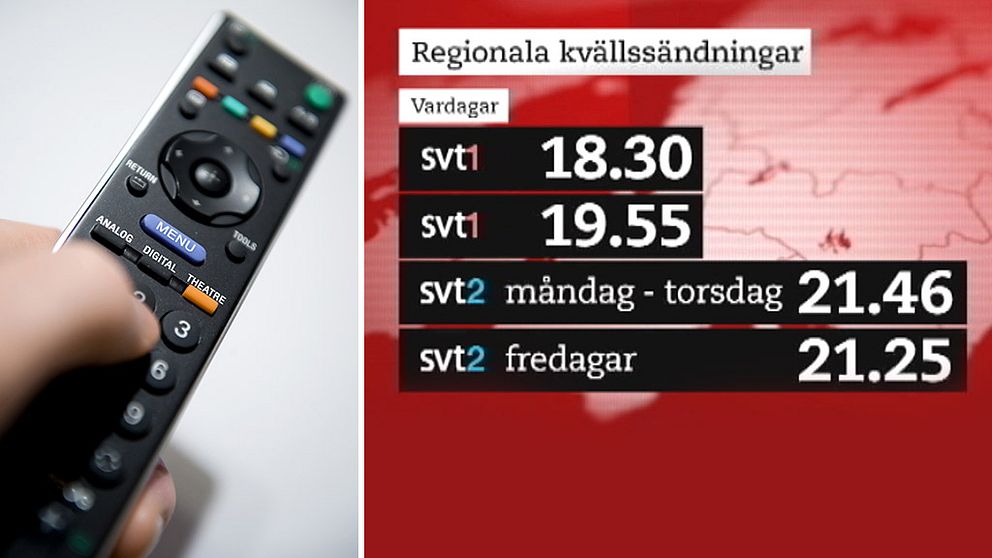 En fjärrkontroll. Informationstext som säger att regaionala nyhetssändningar visas vardagar i SVT1 klockan 18.30 och 19.55. Måndag till torsdag visas regionala nyhetssädningar klockan 21.46 i SVT2 och på fredagar sänds regionala nyheter klockan 21.25 i SVT2.