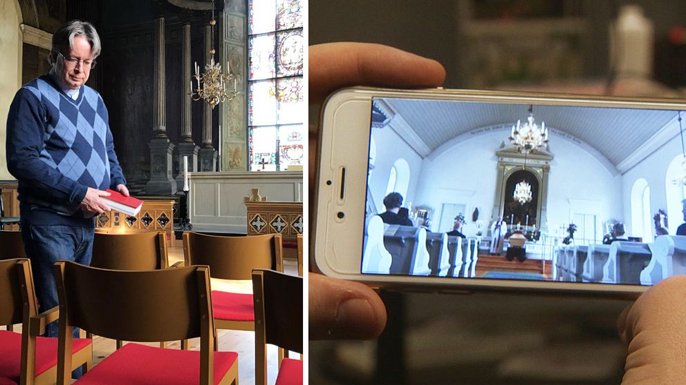 Bilden är ett collage i två delar med lodrät avskiljare. Vänster del: Prästen Björn Wiksten står i en kyrka hållandes i en psalmbok. Höger del: En person håller i en mobiltelefon som visar en livestream av en begravning.