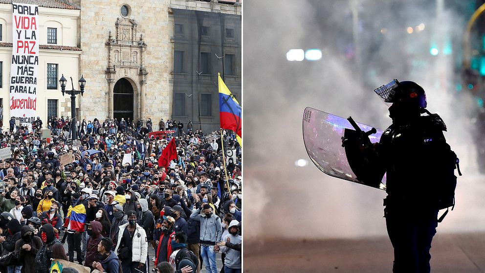 Stora demonstrationer genomförs i Colombias huvudstad, dels mot den sittande regeringen, dels mot polisvåld.