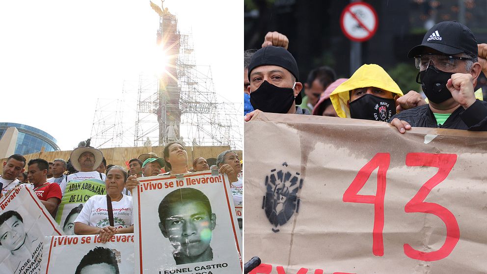 Snart har exakt sex år gått sedan 43 studenter försvann spårlöst i Mexiko. Bilden till vänster visar en manifestation i fjol, fem år efter bortförandet av studenterna. Bilden till höger visar en demonstration under sommaren 2020, då anhöriga och studenter krävde att utredningen kring händelsen ska påskyndas.