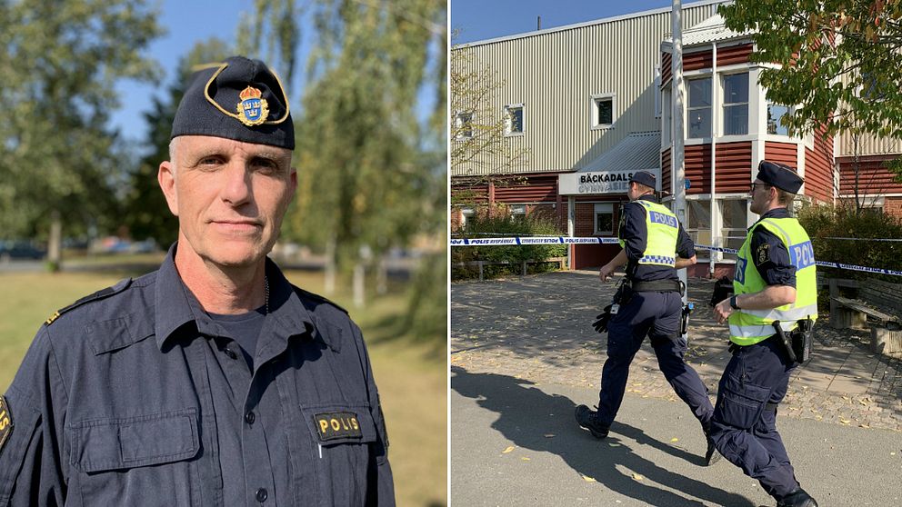 En delad bild. Till vänster syns en polis i uniform på en gräsbevuxen plats med träd i bakgrunden. Till höger patrullerar två poliser förbi en byggnad som har avspärrats med polisens tejp, vilket antyder en pågående undersökning eller insats.