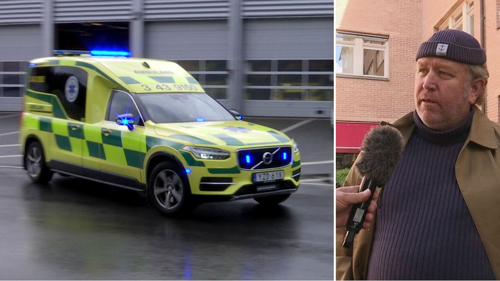 En ambulans under utryckning ihop med en bild på Henrik Johansson, ordförande i Ambulansförbundet.