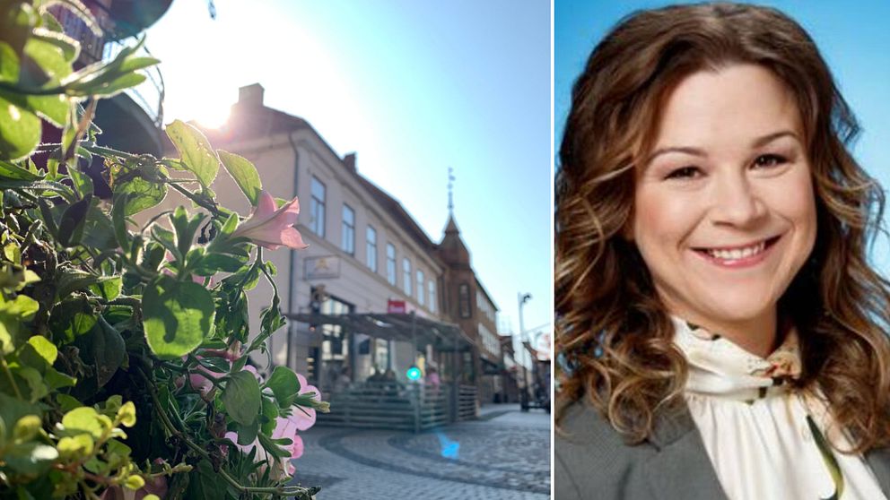 Till vänster: en bild med blommor i förgrunden och solen som skiner fram bakom ett hus, på en gågata i Halmstad, till höger: ett foto på meteorolog Josefine Bergstedt