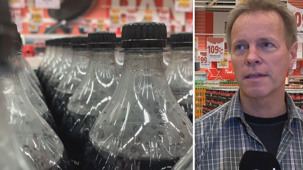 Två bilder. Läskflaskor till vänster och Kaj Hänninen till höger.