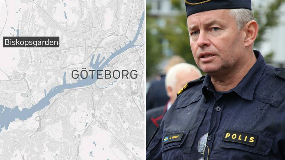 Karta över Göteborg bredvid en man i polisuniform.