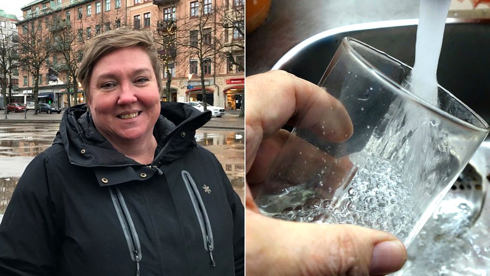 Ett montage av två bilder. Till vänster kommunalrådet Ullis Sandberg. Till höger ett glas som fylls med vatten under en kran.