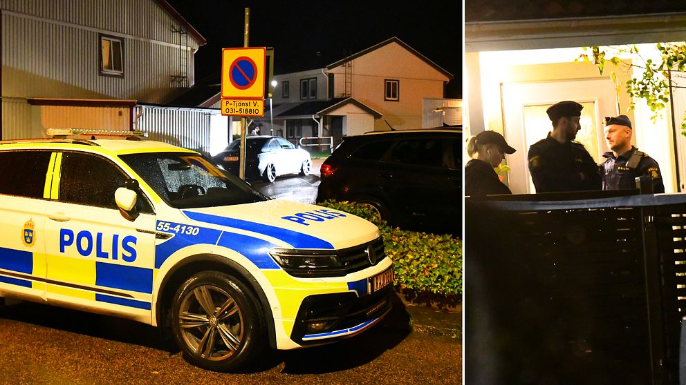 Polisen på plats vid den aktuella bostaden i Falkenberg, där en kvinna sköts i benet under fredagskvällen.