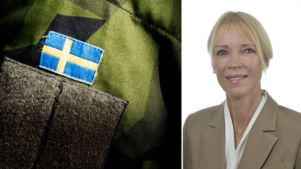 Dubbelbild. Till vänster en tät bild på en kamouflagejacka med en svensk flagga. Till höger blond kvinna, Saila Quicklund (M) i beige kavaj och vit blus.