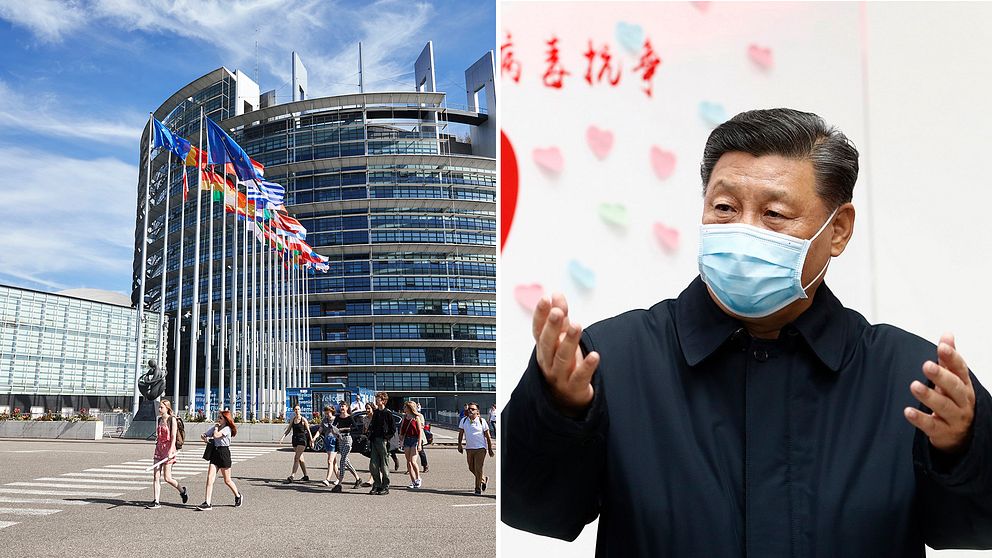 EU-parlamentets byggnad, Kinas president Xi Jinping.