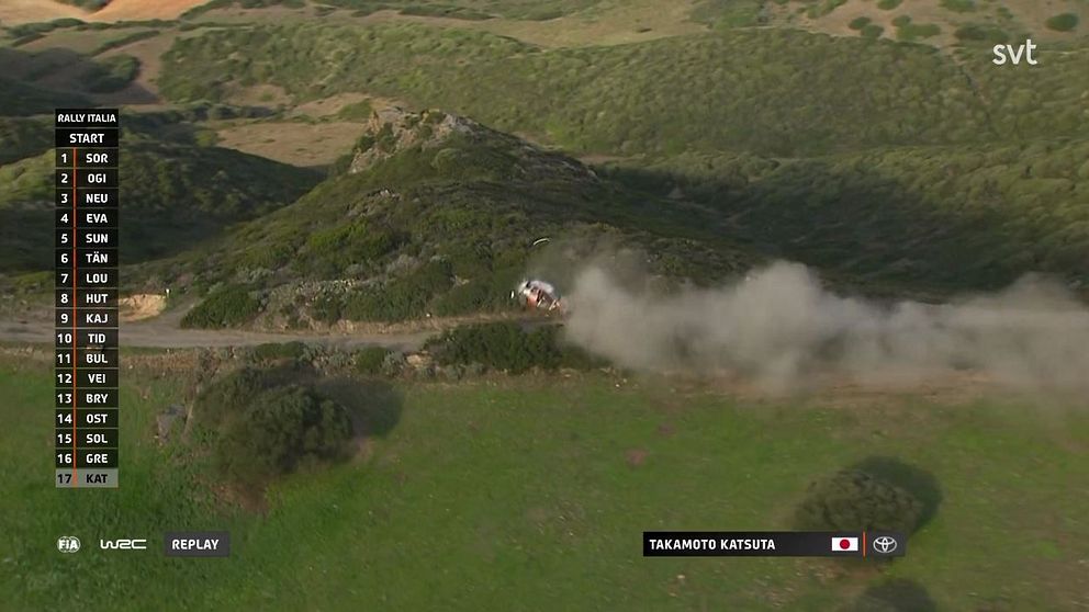 Japanen Takamoto Katsuta hann bara 50 sekunder innan han voltade med bilen på Sardinien.