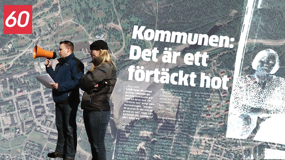 Bild på Malmberget i bakgrunden och människor i förgrunden