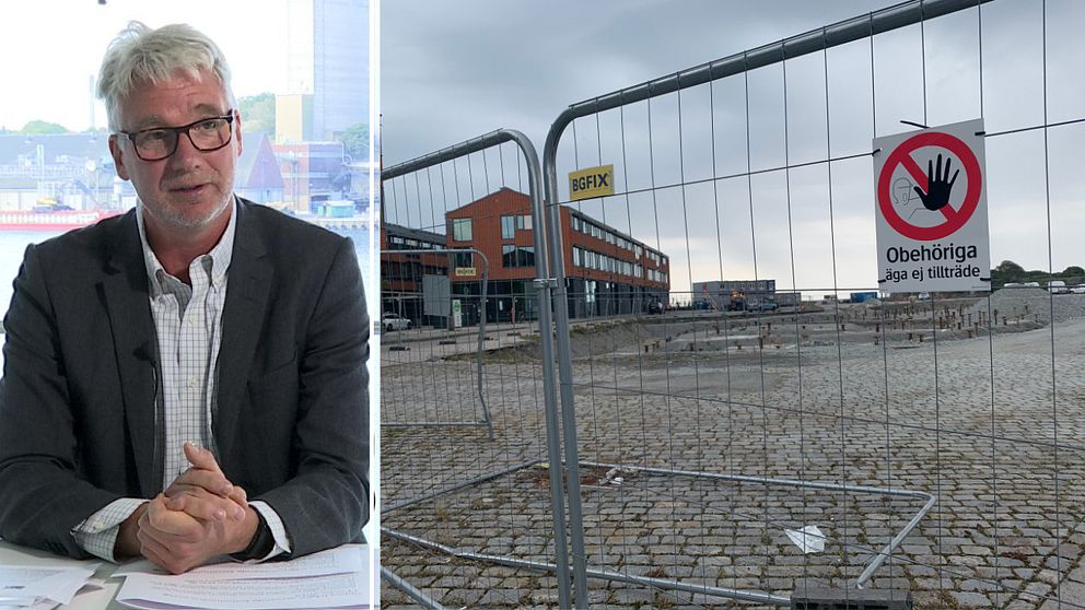 Till vänster i bild Lars Beckman, moderat politiker och ordförande för kommunrevisorerna. Till höger bild på avspärrning vid bygget av Östra Piren.
