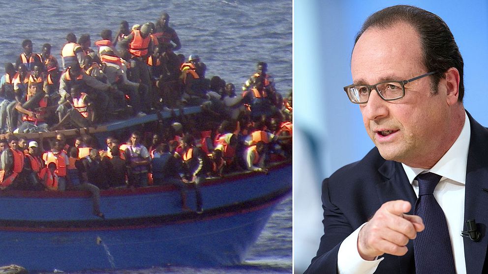 ”De som placerar dessa människor på båtar är människosmugglare, rent av terrorister. De vet mycket väl att båtarna är undermåliga och går under ute till havs och att de utsätter hundratals människor för fara,” säger Frankrikes president François Hollande i en tv-intervju. Till vänster en båt överfull med flyktingar, räddade av italiensk kustbevakning sommaren 2014.