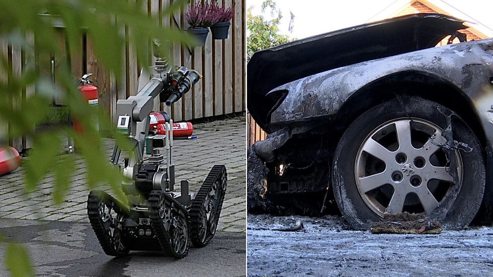 Polisens bombrobot och en brandskadad bil